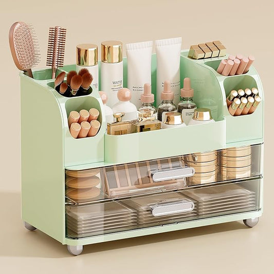 Makeup Organizer for Vanity with 2 Large Drawers, Cosmetic Display Case with Brush Holders, Easy to Storage for Bathroom Countertop Skincare, Desk Office Supplies, Green