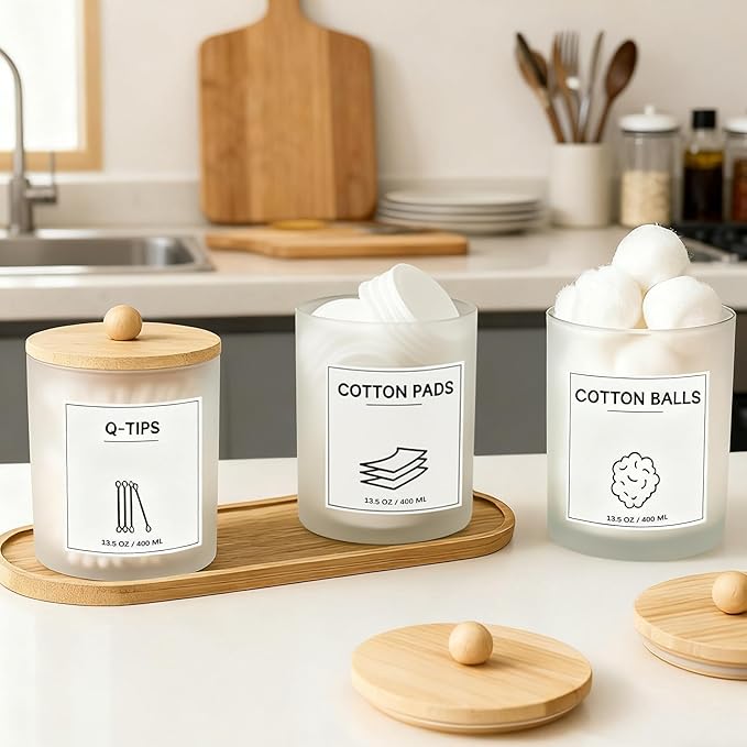 3 PCS Qtip Holder for Bathroom, Cotton Ball Holder, with Tray, Bathroom Organizers and Storage, Bathroom Jars for Floss Picks, Cotton Swabs, Balls, Pads (Frosted)