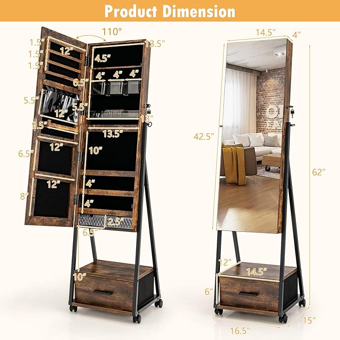 CHARMAID Rolling Jewelry Cabinet with Full Length Mirror, Lockable Standing Jewelry Armoire with Wheels, Steel Legs, Lipstick Brush Storage, Jewelry Organizer Box with Drawers (Rustic Brown)