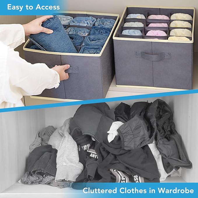 6 Pcs 12 Cell Large Size Pants Organizers for Clothes, Jeans, Sweater, T-shirt, Dress Stackable for Wardrobe Closet Drawer Organizer Storage Bin Container, Dark Grey