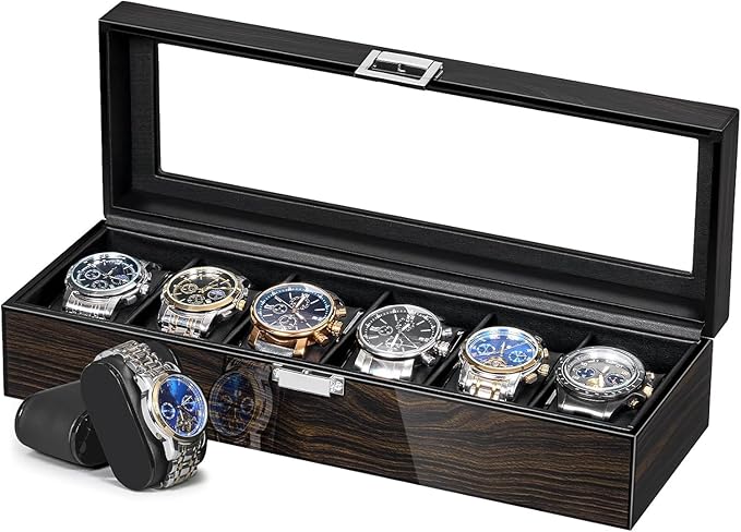 ANWBROAD Watch Box for Men, 6 Slot Watch Case with Glass Lid, Watch Display Case Watch Holder Organizer for Men, Watch Storage Box with 6 Slot, UJWB006E