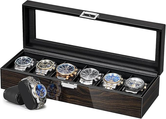 ANWBROAD Watch Box for Men, 6 Slot Watch Case with Glass Lid, Watch Display Case Watch Holder Organizer for Men, Watch Storage Box with 6 Slot, UJWB006E