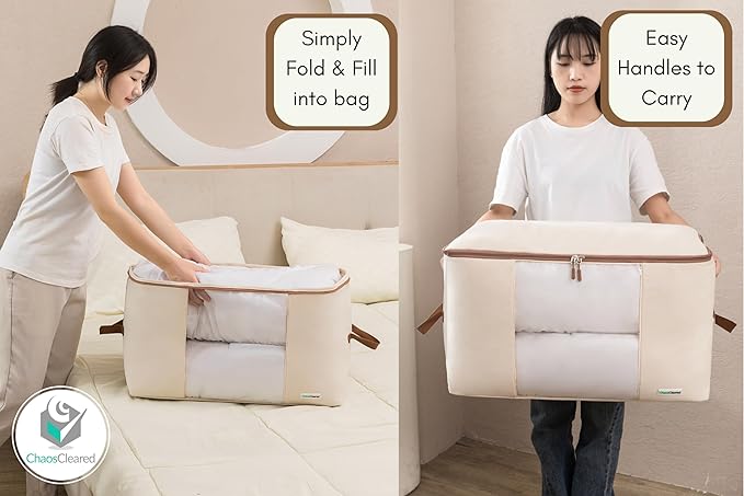 Canvas Storage Bags Designer Organizer for Comforters 2 Pack – Seasonal Storage for Pillows, Blankets, Linens & Garments – Foldable Design with Zip & Window, Moth-Proof Space Saver