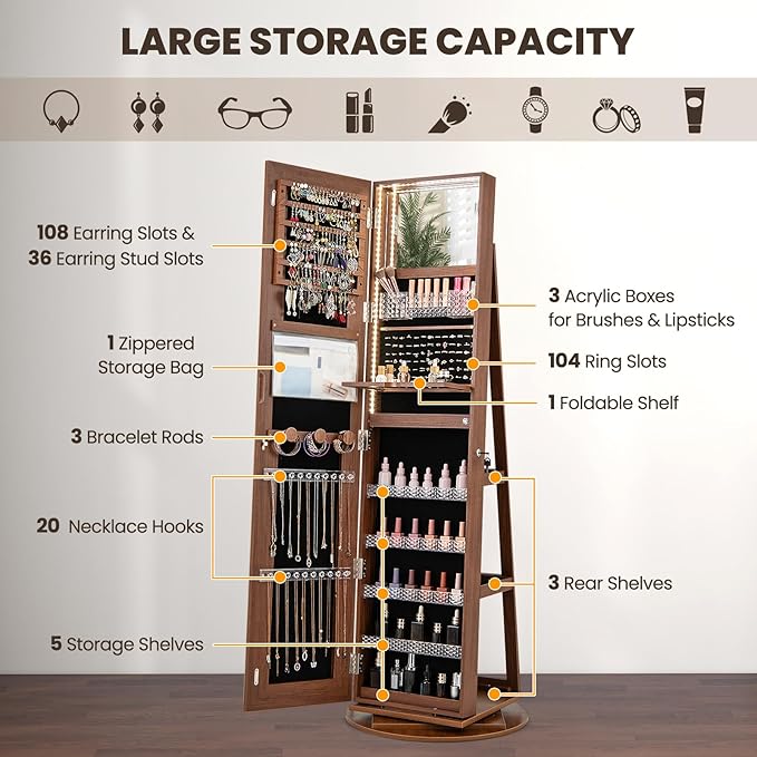 CHARMAID 360° Rotating Jewelry Armoire with LED Lighted Full Length Mirror & Built-in Vanity Mirror, Lockable Standing Jewelry Cabinet with Lights, Large Storage Organizer for Jewelry (Walnut)
