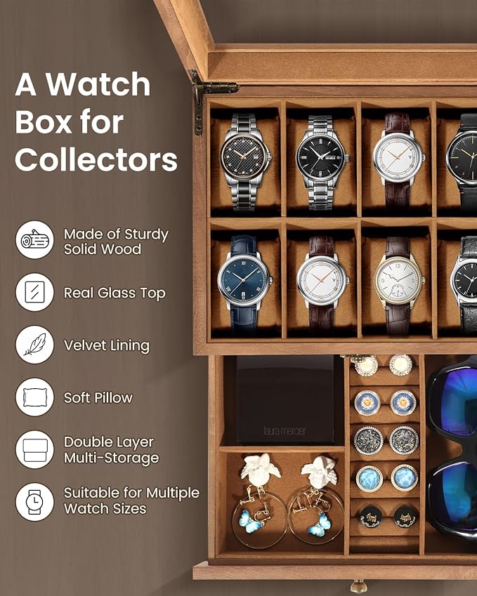 Uten 8-Slot Watch Box, 2-Layers Solid Wood Watch Display Case with Glass Lid, Watch Holder Organizer with Soft Pillow and Velvet Lining, Watch and Jewelry Storage Box, Browm