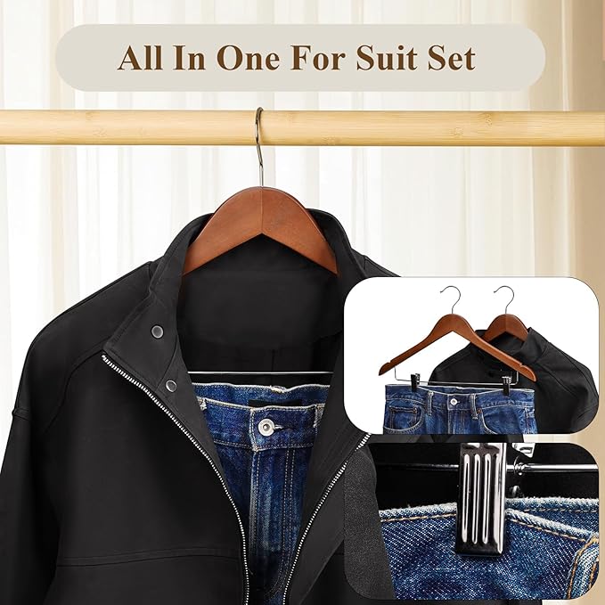 Wooden Hangers with Clips 24 Pack Wooden Pants Hangers,Skirt Hangers with Clips,Adjustable Heavy Duty Clip Hangers,Hangers for Pants,Jeans,Slacks,Shorts （Walunt）