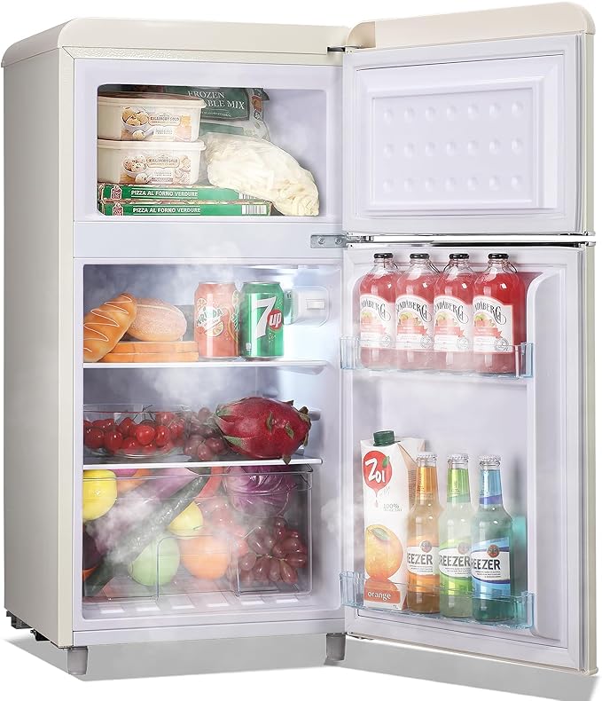 Small Refrigerator with Top Freezer 100Liter Retro Mini Fridge with Adjustable Glass Shelving, 7 Temperature Control and LED Lighting, Retro Off White