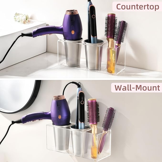 Hair Tool Organizer, Hot Tools Organizer Countertop/Wall Mount, Thick Acrylic Hair Tools Organizer with Anti-Slip Steel Cups, Hair Tool Holder for Bathroom & Vanity Storage UEMUSI