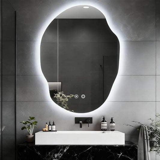 Asymmetrical Bathroom Mirror with Lights,Irregular LED Bathroom Vanity Mirror with Backlit,Anti-Fog,3 Colors and Dimmable Light with Memory,Hardwired Supported[Horizontal/Vertical] 30" H x 22" W