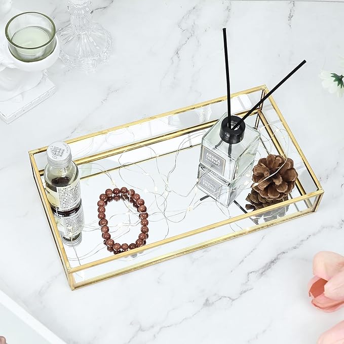 HighFree Rectangle Gold Mirror Tray, Decorative Glass Mirrored Vanity Tray for Perfume, Cosmetics, Makeup, Trinket, Jewelry (10.2X 5.5x1.6)