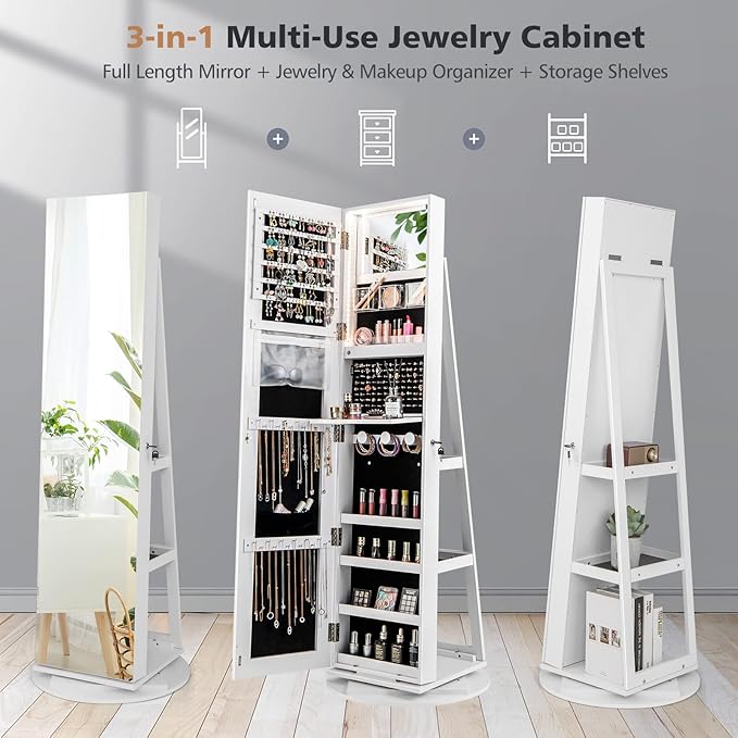 CHARMAID 360° Swivel Jewelry Armoire with Full Length Mirror, Rear Storage Shelves, Lockable Standing Jewelry Cabinet Organizer with Interior Vanity Mirror and 3-Color Lights (White)