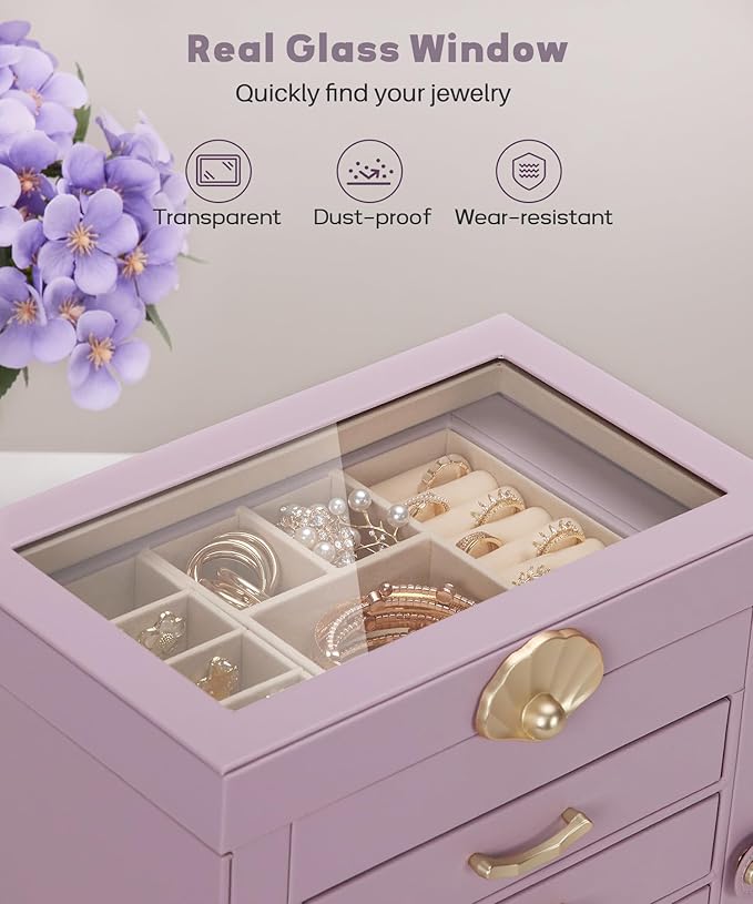Jewelry Box with 3 Drawers: Display Organizer for Earrings Necklaces - Gifts for Girls Women (Grey Purple)
