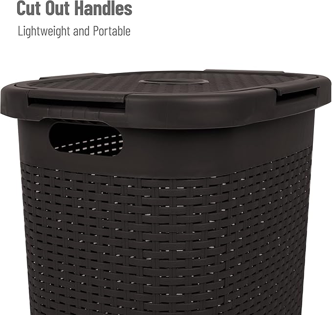 Mind Reader Slim Laundry Hamper with Lid, 60L Clothes Baskets, Premium Wicker Design, Plastic, 2-Pack, Brown