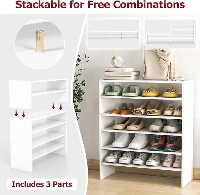 Tangkula 6-Tier Stackble Shoe Rack for Closet, Space Saving Wooden Corner Shoe Storage Shelf for 18 Pairs, 3-in-1 Adjustable White Shoe Organizer for Front Door Entryway