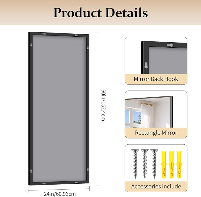 Black Bathroom Mirror for Wall, 24x60 Inch Rectangle Mirror with Metal Frame, Modern Vanity Mirrors for Bathroom Living Room, Entryway Hangs Horizontal or Vertical