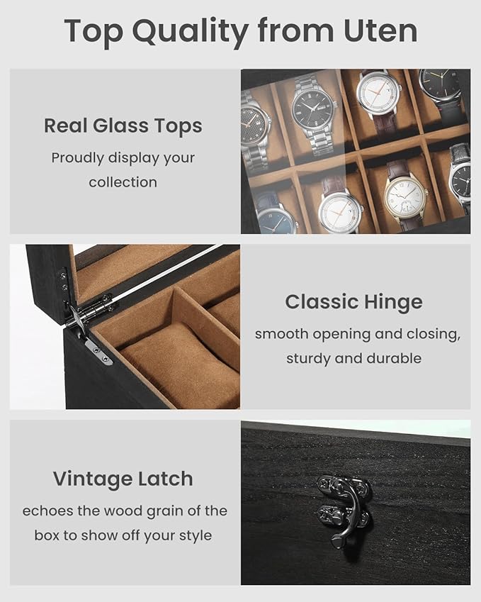 Uten 8-Slot Watch Box, 2-Layers Solid Wood Watch Display Case with Glass Lid, Watch Holder Organizer with Soft Pillow and Velvet Lining, Watch and Jewelry Storage Box