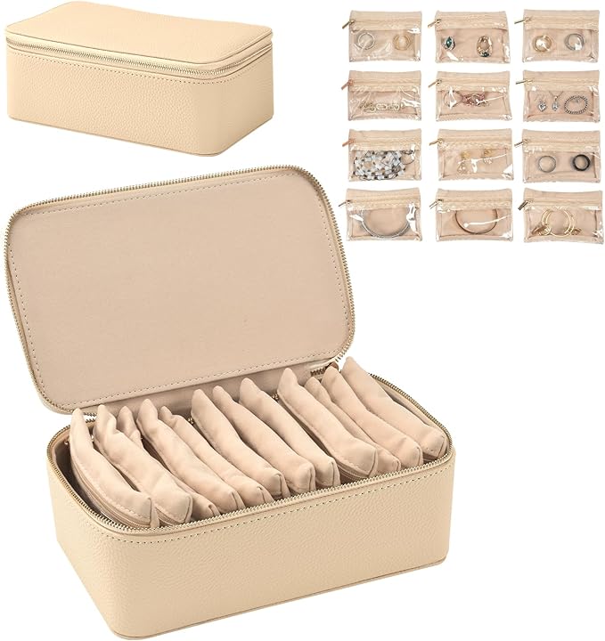 Travel Jewelry Box,Jewelry Travel Organizer for Women, Travel Jewelry Case with 12pcs Velvet Jewelry Pouches for Necklaces Rings Earrings Sorting Storage(Beige