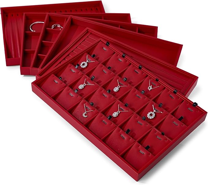 12 Grids Leather Jewelry Trays Bracelets Tray Stackable Jewelry Organizer Trays for Drawer Bracelet Holder For Bracelet Bangle Earrings Watches Storage (Red)
