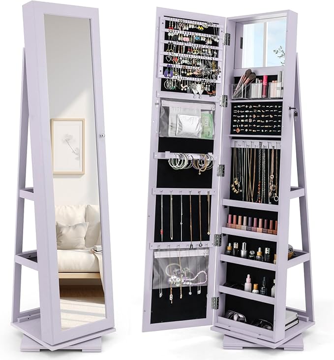 CHARMAID 360° Swivel Jewelry Armoire with Full Length Mirror, Standing Lockable Jewelry Cabinet Organizer, Large Storage Capacity, Inside Makeup Mirror, Back Storage Shelves (Lavender)