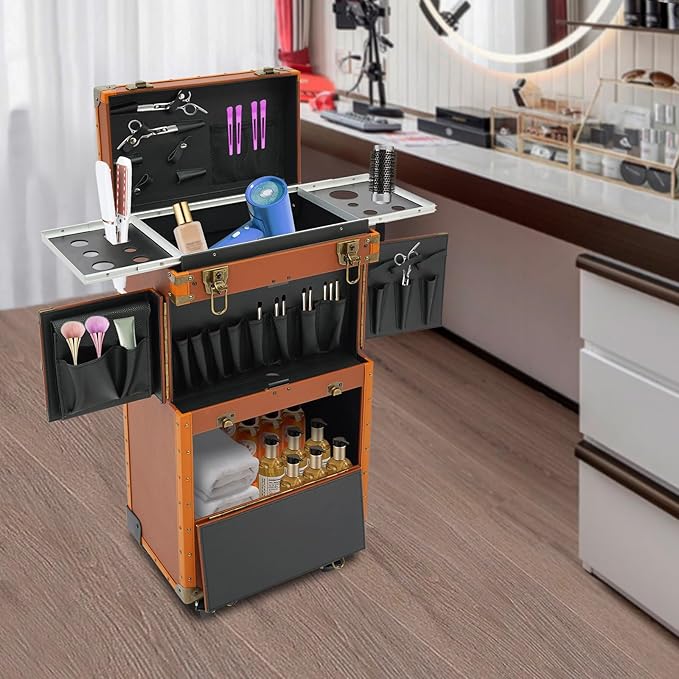 Rolling Makeup Case Large Storage Cosmetic Trolley, Rolling Lockable Makeup Train Case, Stylist Beauty Salon Cosmetic Luggage Travel Organizer Tool Box with Hair Dryer Holder (Coffee)