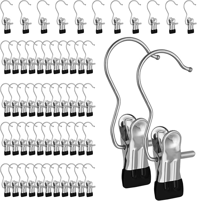 50PCS Space-Saving Clothespin, Portable 360° Rotating Stainless Steel Hanging Hook Clips Towel Clips,Laundry Hooks Hanging Clips with Clips for Home and Travel, Black