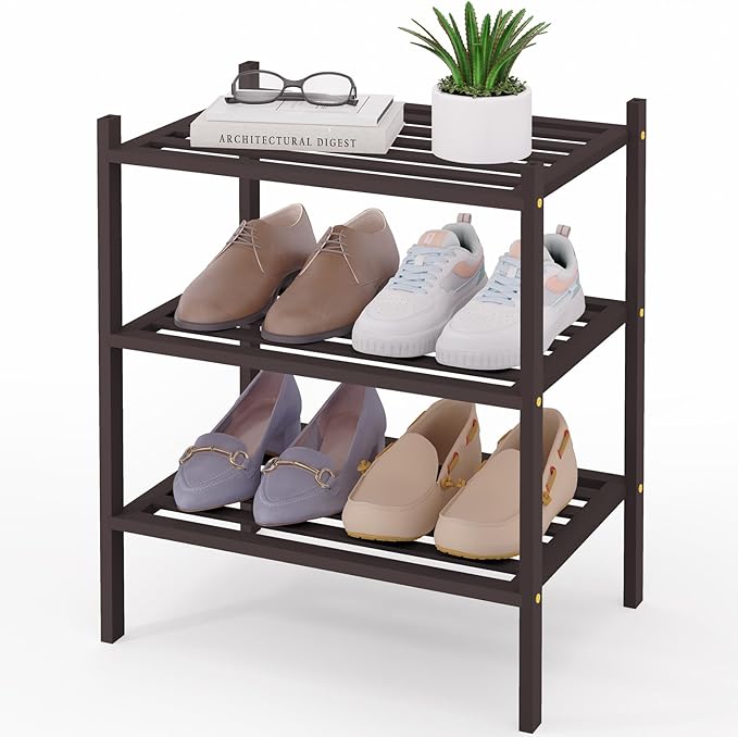 Smiry Small Bamboo Shoe Rack 3-Tier, Stackable Wooden Shoe Organizer for Entryway & Closet, Free Standing Wood Shoe Storage Shelf for Front Door & Small Spaces, Brown