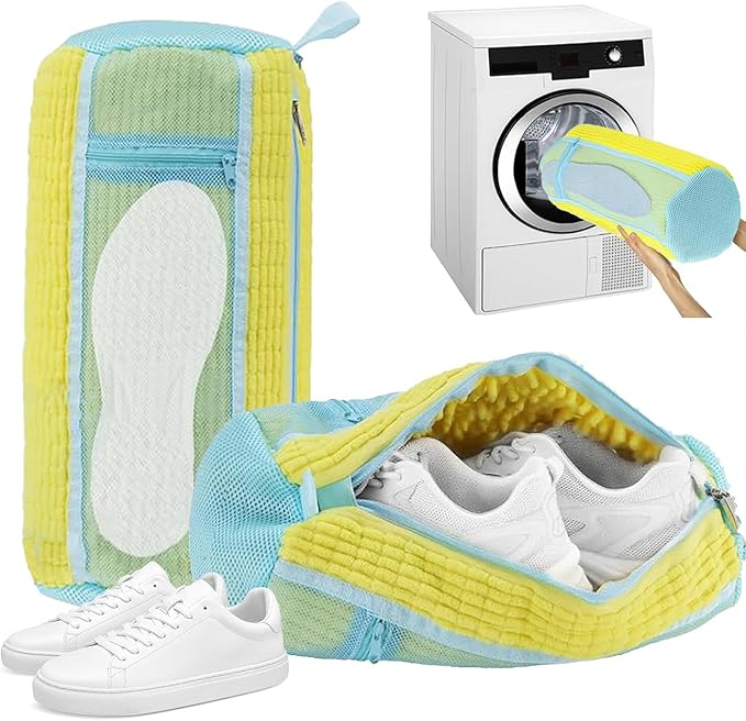 Shoe Washing Machine Bag, Laundry Shoe Bag with Side External Network for Washer and Dryer Reusable Shoe Cleaning Bag for Sneaker Tennis Unstain Cleaner Kit (2pc-yellow)