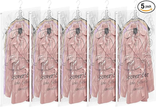 Hanging Vacuum Storage Bags 5 Pack Reusable Space Saver Bags for Clothes 43.3 x27.6 inch Vacuum Seal Storage Bag Dresses Space Bags for Suits, Coats or Jackets, Closet Organizer and Storage