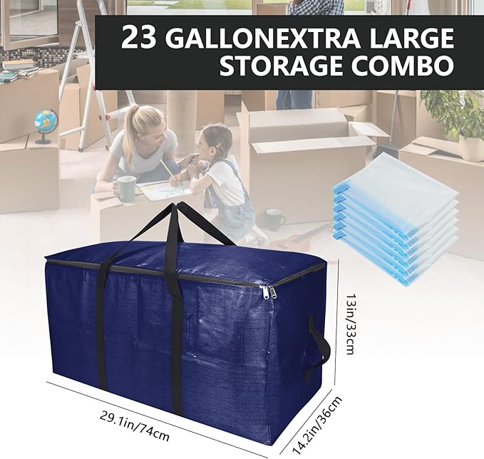 Heavy-Duty Extra Large Moving Bags with Zippers,Extra Large Storage Bag Set Heavy Duty Moving Totes Dual-Way Carrying Design,College Dorm,Christmas Storage Bag(Blue,6 Moving bag & 10 Vacuum Seal Bags)