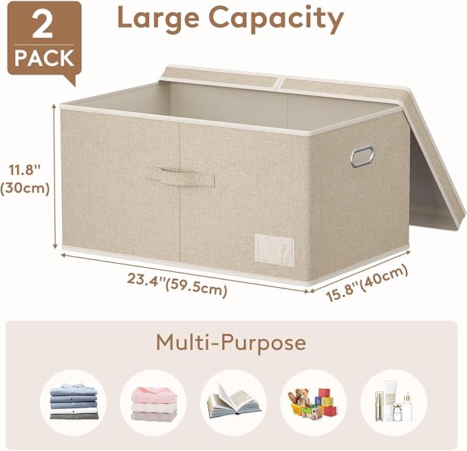 Lifewit Clothes Storage Bins with Lids, Fabric Foldable Storage Boxes with Handles, Decorative Closet Organizer, Stackable Cube Baskets Container for Bedroom, Office, 71L Extra Large Beige, 2 Packs