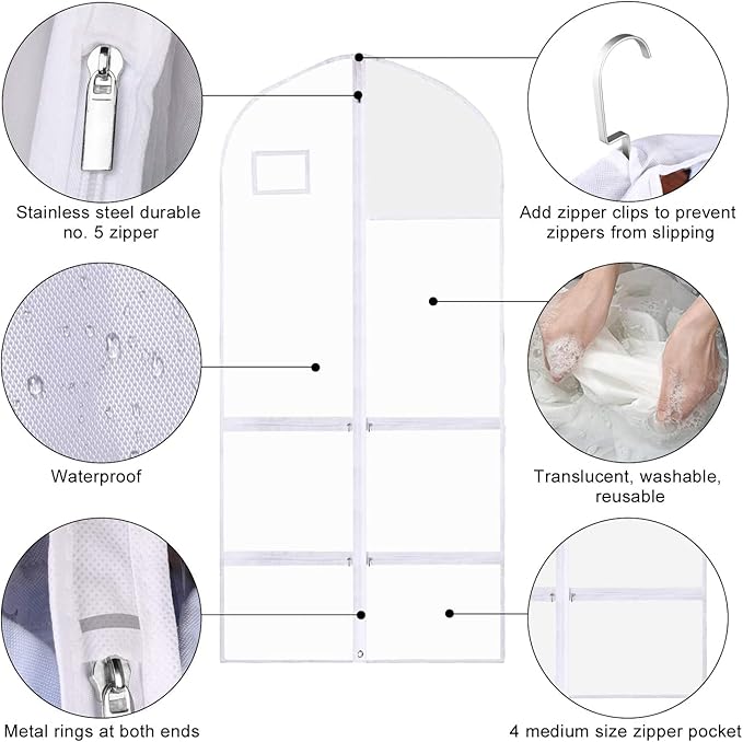 50 Inch Clear Garment Bags for Hanging Clothes (3 Pack), Extra Long Dance Costume Bags with 4 Zipper Pockets for Gowns, Lyrical Dresses & Pageant Competitions, Waterproof PVC Travel Carrier