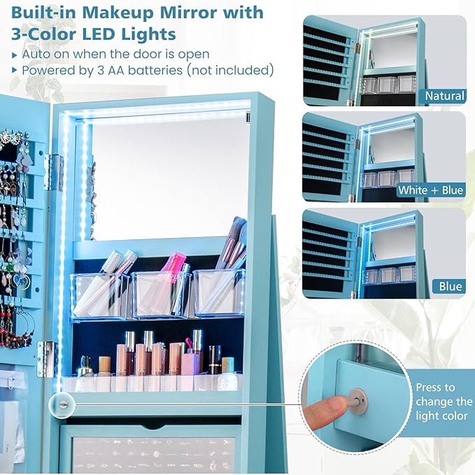 CHARMAID 360° Swivel Jewelry Armoire with Full Length Mirror, Rear Storage Shelves, Lockable Standing Jewelry Cabinet Organizer with Interior Vanity Mirror and 3-Color Lights (Sky Blue)