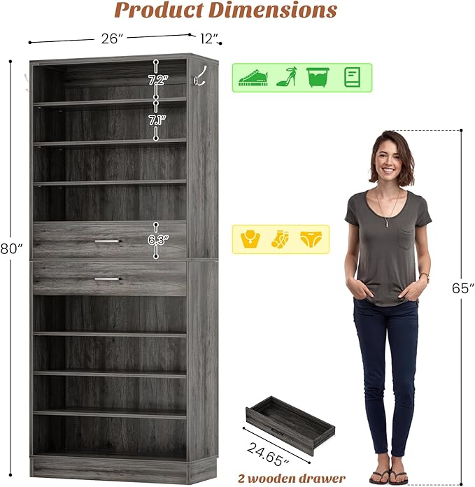 Aheaplus Tall Shoe Cabinet, 10 Tiers Wood Shoe Rack, Vertical Shoe Storage Organizer with 2 Drawers, Narrow Shoe Shelf Tower for 24-28 Pairs, Space Saving, for Closet, Entryway, Bedroom, Black Oak