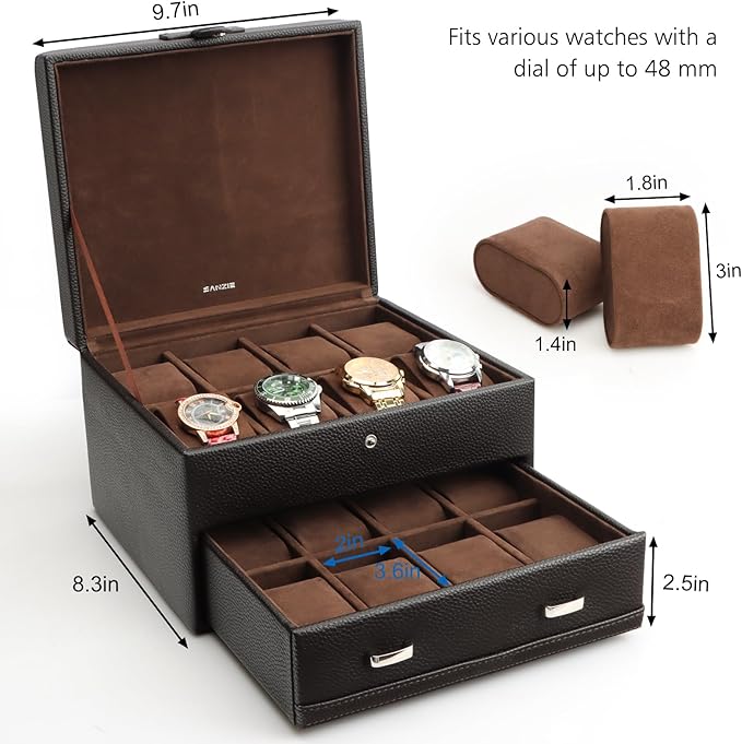 SANZIE 16-Slot Watch Box for Mens Watch Case with Removable Watch Pillows, Watch Holder Organizer Watch Storage with Brown Synthetic Leather (Brown)