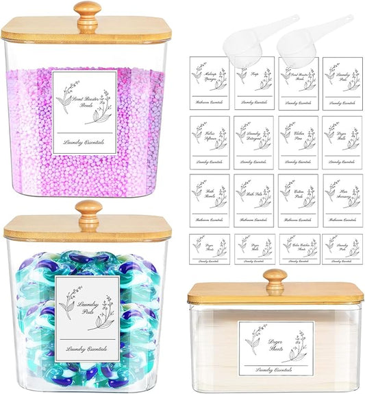 3 Pack Plastic Laundry Pods Container & Dryer Sheet Holder, Laundry Room Organization and Storage Jars with Lids, Scoops & Labels for Detergent, Powder, Scent Booster