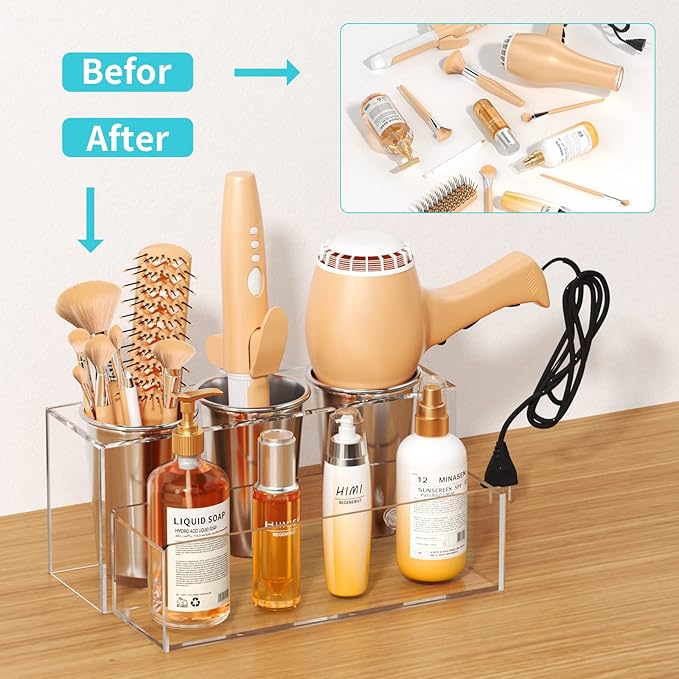 HIIMIEI Hair Tool Organizer, Acrylic Hair Dryer Holder, Bathroom Countertop Blow Dryer Stand Storage, Vanity Organizer for Accessories, Makeup, Flat Irons, Curling Irons, and Toiletries (Clear)