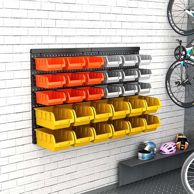 30-Bin Wall Mounted Storage Bins Kit, Tool Organizer Rack, 3 Color Parts Storage Bins, Garage Hardware Organizer, DIY Combination