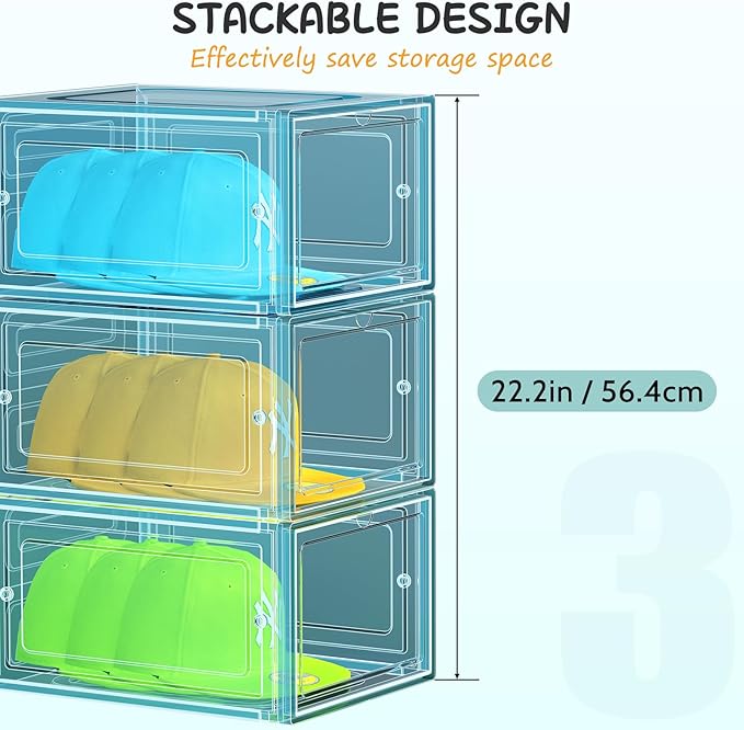 6 Pack Hat Organizer Box, Stackable Clear Baseball Caps Holder Box Containers with Magnetic Door for Hats Snapback Cap Storag, Hat Rack Display Case, Holds 8 Hats Each (Blue)