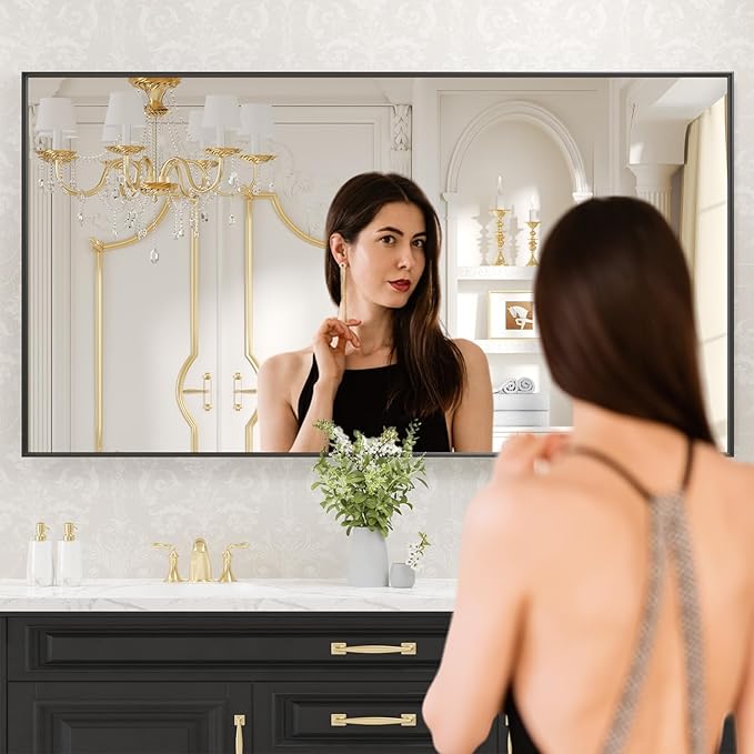 LOAAO Black Bathroom Mirror 55"X36" for Wall, Rectangle Bathroom Vanity Mirror, Tempered Glass, Hangs Vertically or Horizontally, Easy to Install, Modern Design