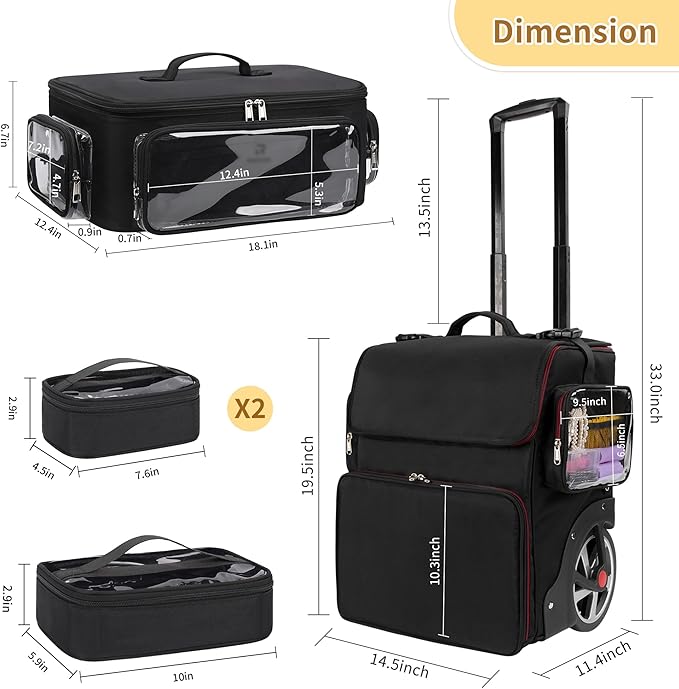OCHEAL Rolling Makeup Train Case,with 7 Pcs Clear Makeup Bags, 18" Carry On Travel Cosmetic Organizer Suitcase,Extra Large Storage Trolley Makeup Case On Wheels for Hairstylist Cosmetology Artist