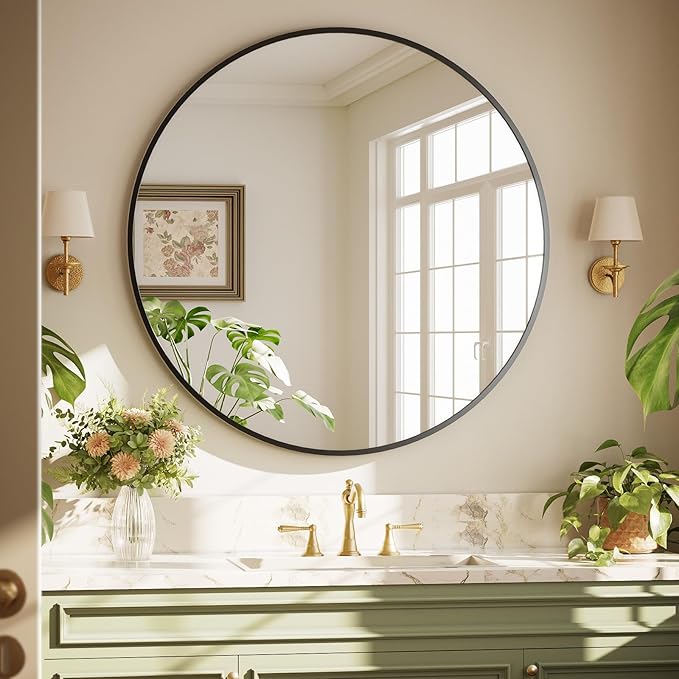 42 Inch Round Black Metal Wall Mirror - Stylish Circle Mirror for Entryway, Bathroom, and Living Room Decor | Matte Black Circle Wall Mirror