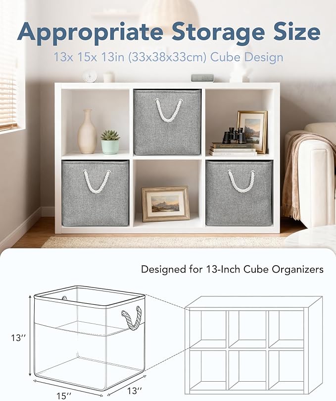 13x15x13 Storage Cube Bins, Heavy Duty Foldable Fabric Storage Bins with Handles and Metal Frame, 6 Pack Large Closet Organizer Bins for Clothes, Socks, Towels, Grey