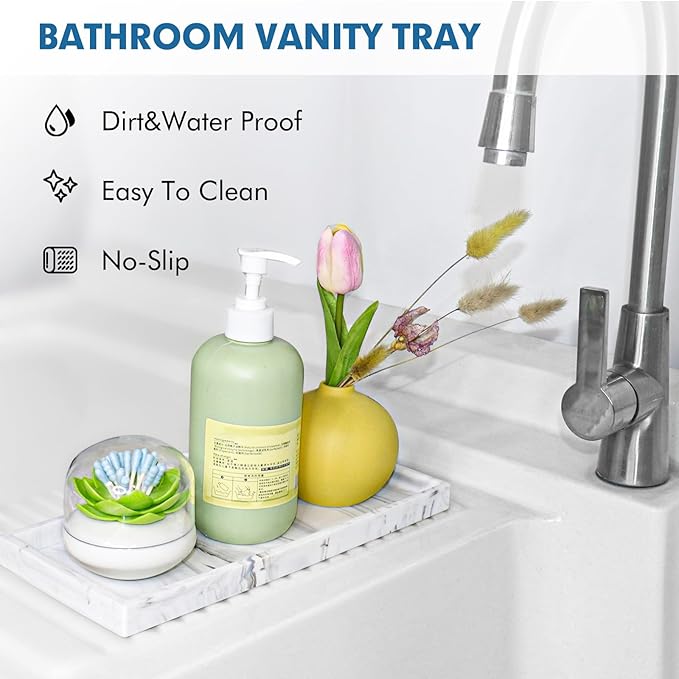 Bloss Counter Marble Tray and Soap Holder - 15.7" Silicone Bathroom Vanity Trays for Kitchen Counter, Toilet Tank Tray, Great Storage Trays for Perfume, Jewelry,Candle, Key