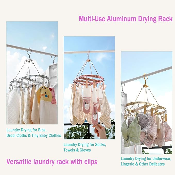 Underwear Hanger for Drying with 26 Non-Slip Clips - Aluminum Hanging Drying Rack for Socks, Lingerie & Baby Clothes | Oval Design & Wind-Resistant Hooks (Rose Gold) - 2 Pack