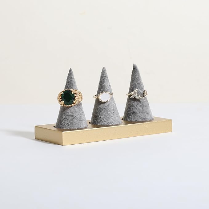 GemeShou grey jewelry ring display holder for selling, velvet ring cone display stand, cute cone shaped ring holder with golden coated base,Small jewelry ring storage organizer【Ring holder-grey】