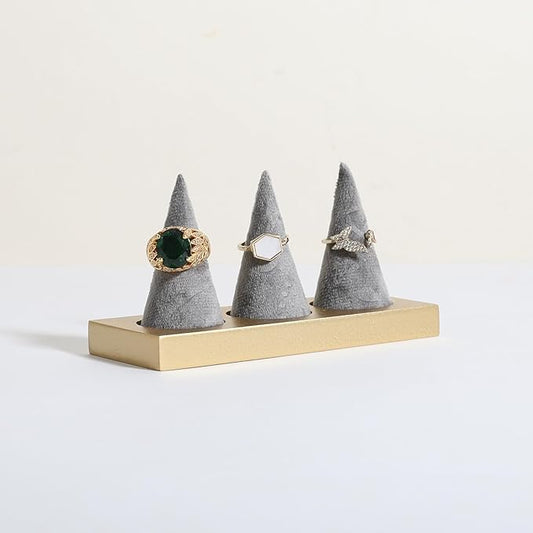 GemeShou grey jewelry ring display holder for selling, velvet ring cone display stand, cute cone shaped ring holder with golden coated base,Small jewelry ring storage organizer【Ring holder-grey】