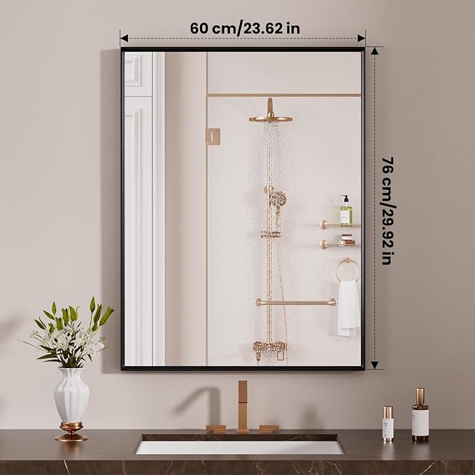 LOAAO Black Bathroom Mirror 24"X30" for Wall, Rectangle Bathroom Vanity Mirror, Hangs Vertically or Horizontally, Easy to Install, Modern Design