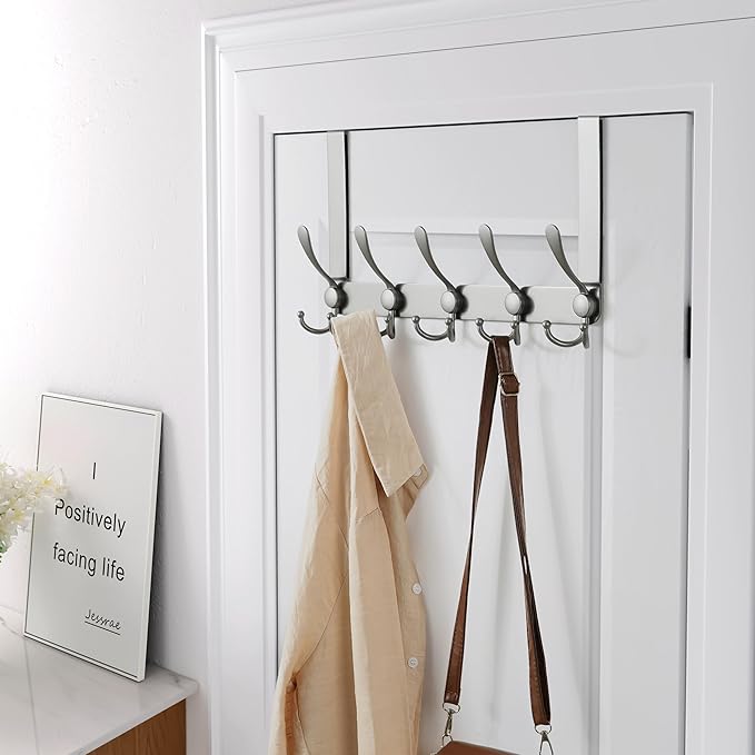 Dseap Over The Door Hook Hanger - Fits 1 3/8" to 1 3/4" Standard Doors | 5 Tri Hooks Heavy Duty Towel/Coat Rack | Door Organizer for Clothes, Jackets, Hats, Towels, Grey, Pack of 2
