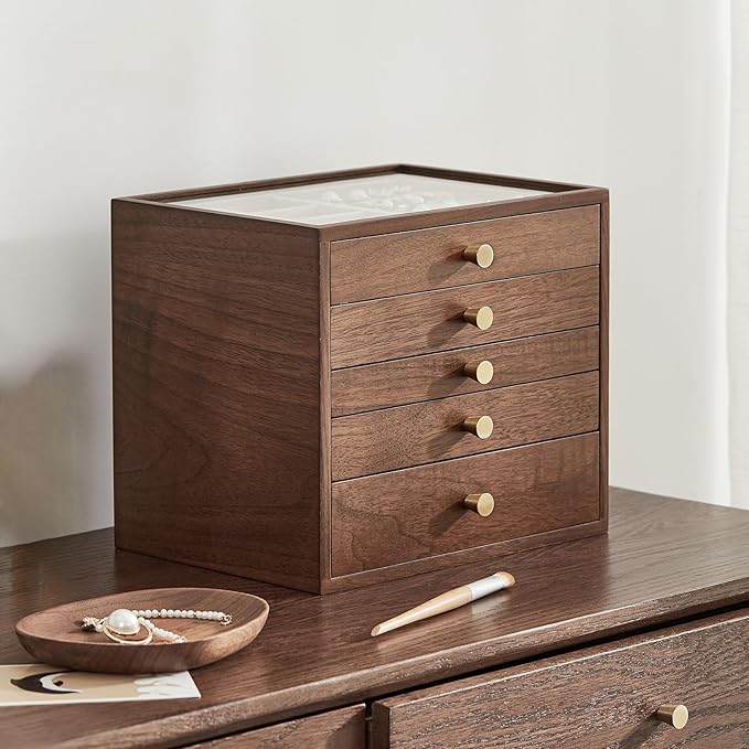 CHOSIN Black Walnut Wooden Jewelry Box Women large 5 Level Drawer Organizer Box with Glass Lid for Necklaces Watch Necklace Ring Earring Storage Valentine's Day Gifts