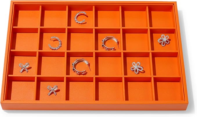 Leather 24 Grids Earring Organizer Tray Jewelry Tray Ring Earrings Holder Jewelry Drawer Organizer Storage Display(Orange)
